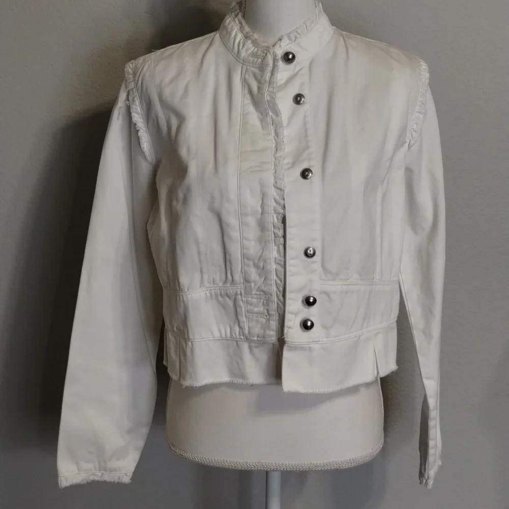 bcih White Jean Jacket Size Large Raw Edges Cropped - Picture 1 of 10